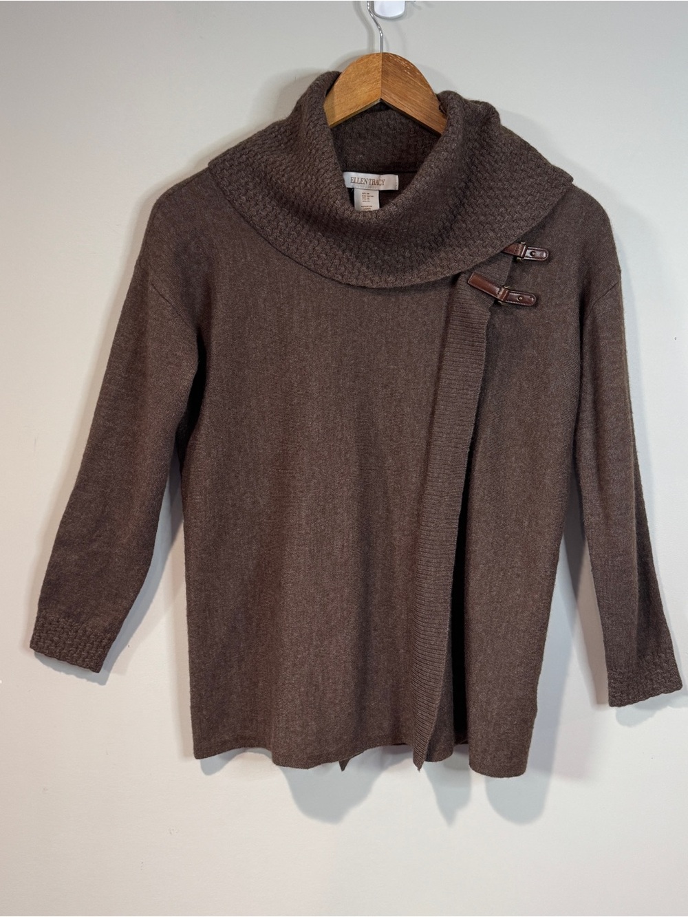 Ellen Tracy Brown Wool Blend Cowl Neck Sweater Buckle Detail Equestrian Preppy M